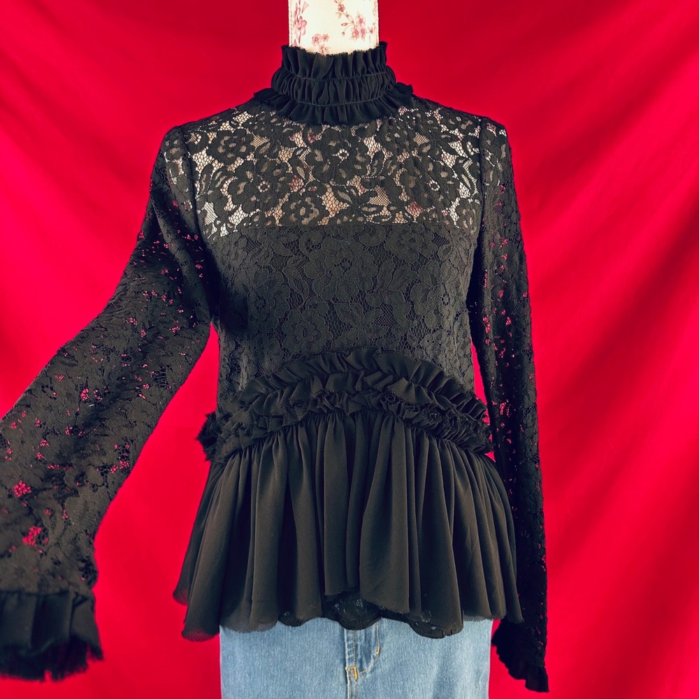 TUCKERNUCK Black Lace Ruffle Peplum Myla Top Mock Neck Long Sleeve Blouse XS - Picture 12 of 17